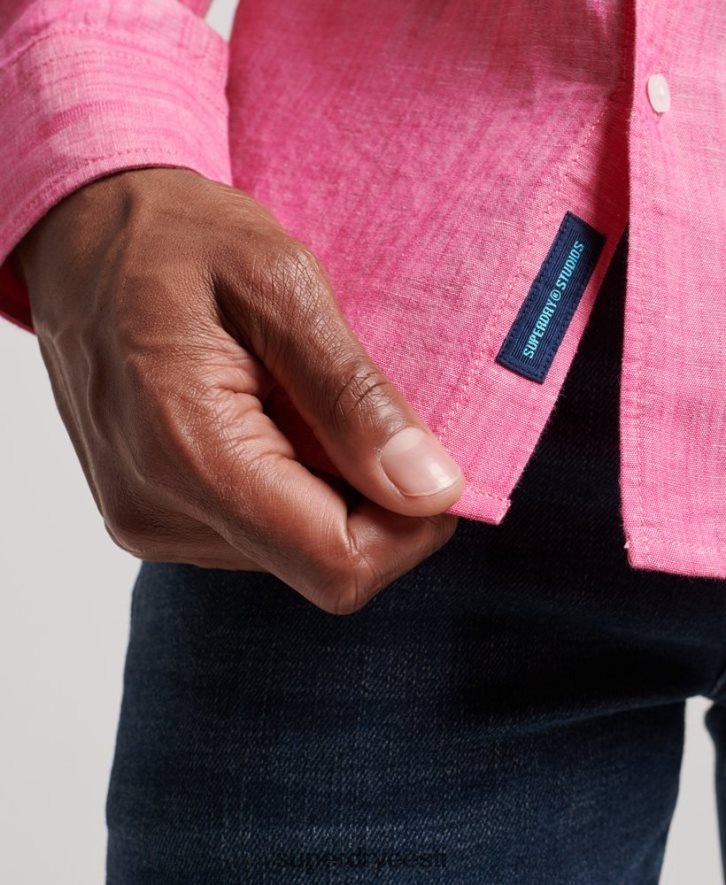 Superdry mehed orgaanilisest puuvillast studios linasest nööbist särk B2LT4133 Riietus roosa