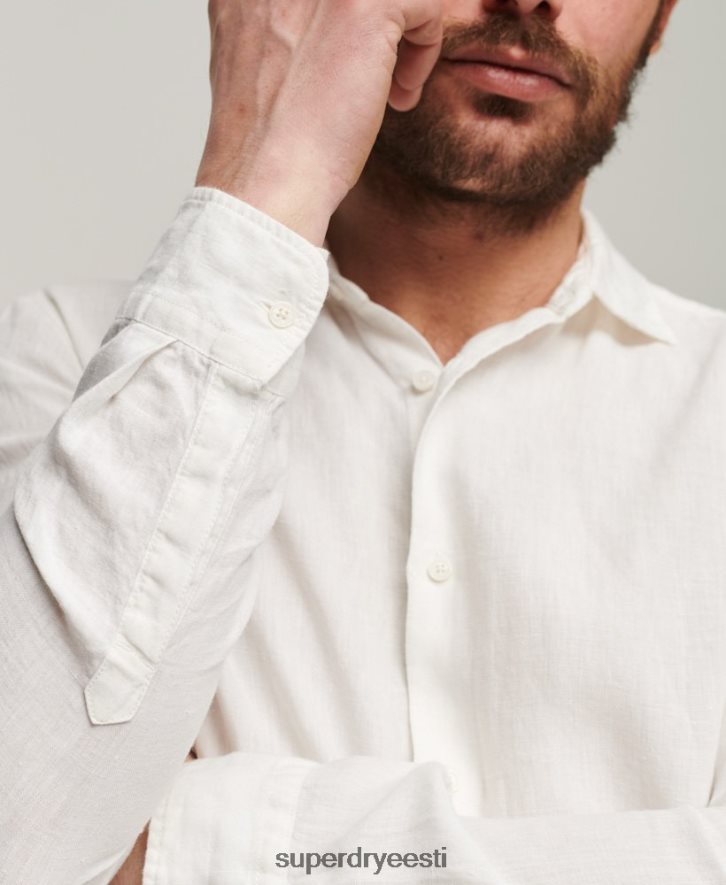 Superdry mehed vabaaja linane pikkade varrukatega särk B2LT4144 Riietus valge
