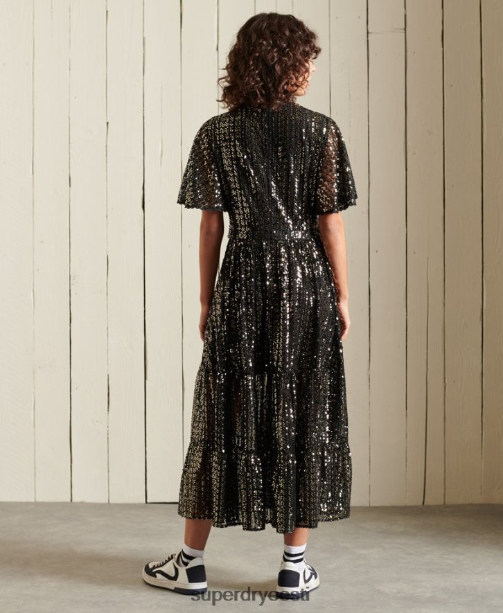 Superdry naised kootud lühikeste varrukatega litritega midikleit B2LT42523 Riietus must