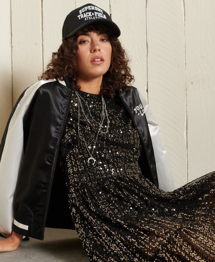 Superdry naised kootud lühikeste varrukatega litritega midikleit B2LT42523 Riietus must