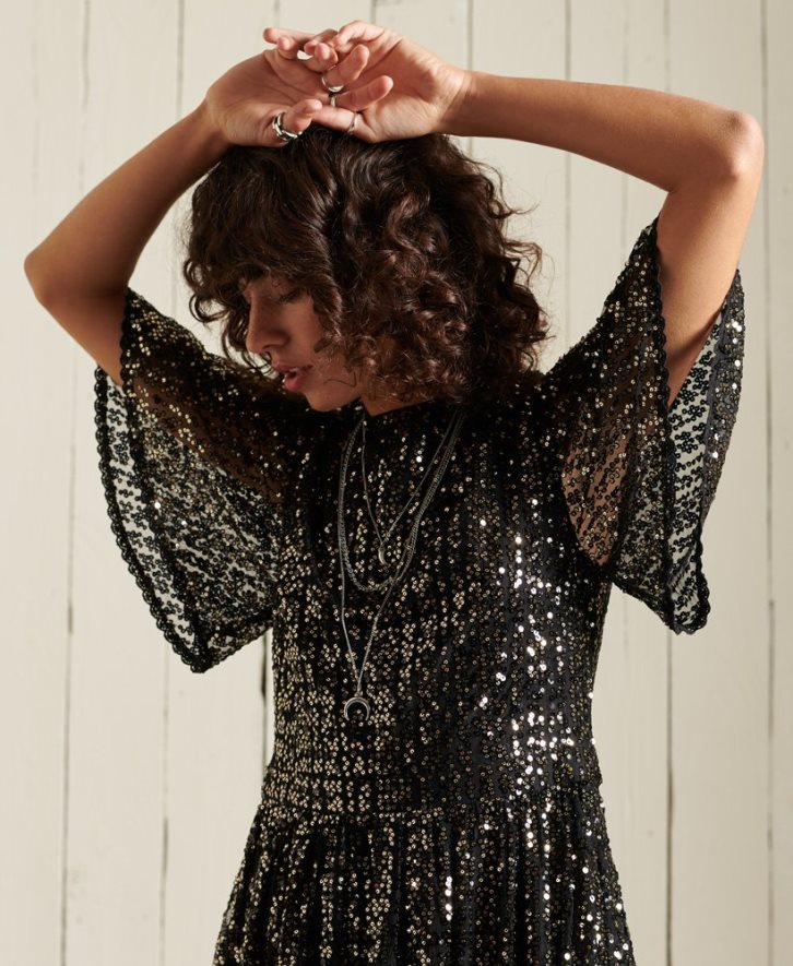 Superdry naised kootud lühikeste varrukatega litritega midikleit B2LT42523 Riietus must