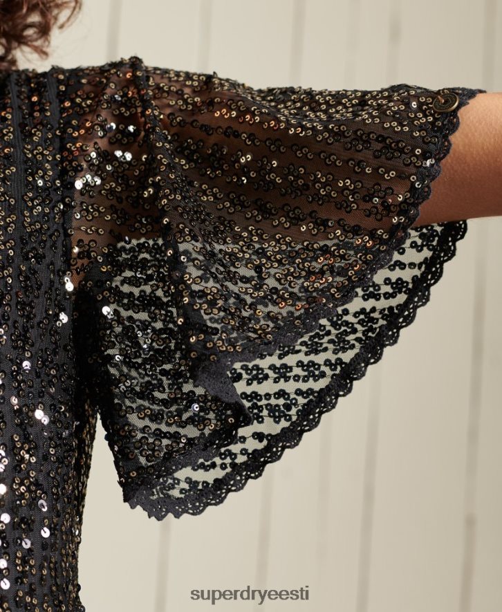 Superdry naised kootud lühikeste varrukatega litritega midikleit B2LT42523 Riietus must