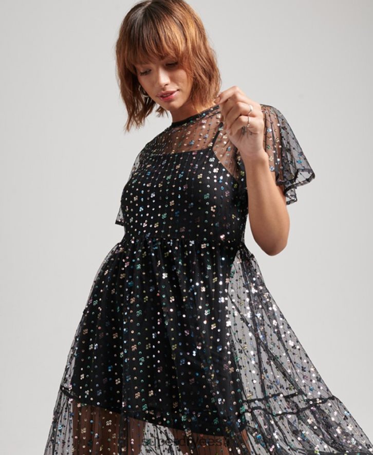 Superdry naised läbipaistva litriga kootud midikleit B2LT42545 Riietus must