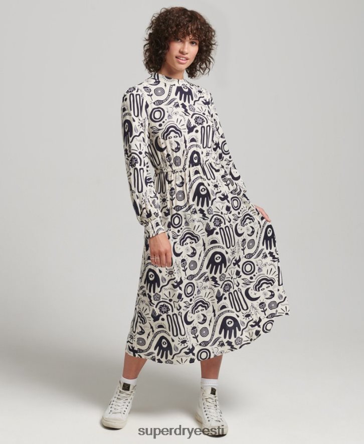 Superdry naised trükitud midi pikkade varrukatega kleit B2LT46707 Riietus kreem