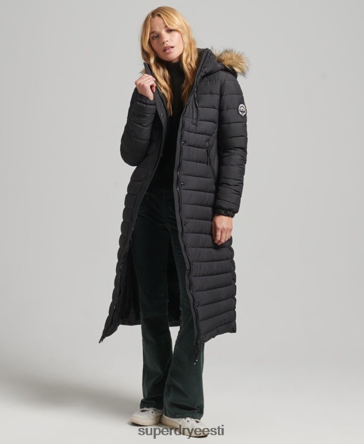 Superdry naised kunstkarusnahast kapuutsiga õngejada kerge polsterdatud puhvmantel B2LT43716 Riietus must